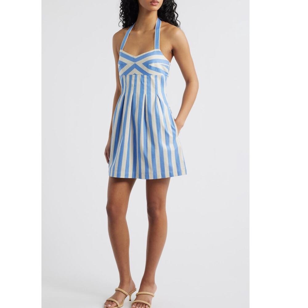 SAYLOR Blue and White Striped Halter Mini Dress